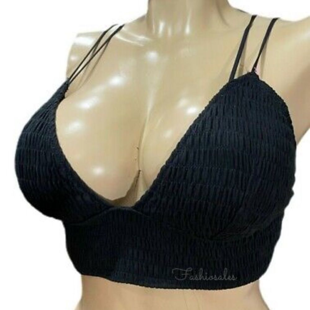 Victorias Secret Pink Smocked Triangle Lined Removable Padding Bralette Black